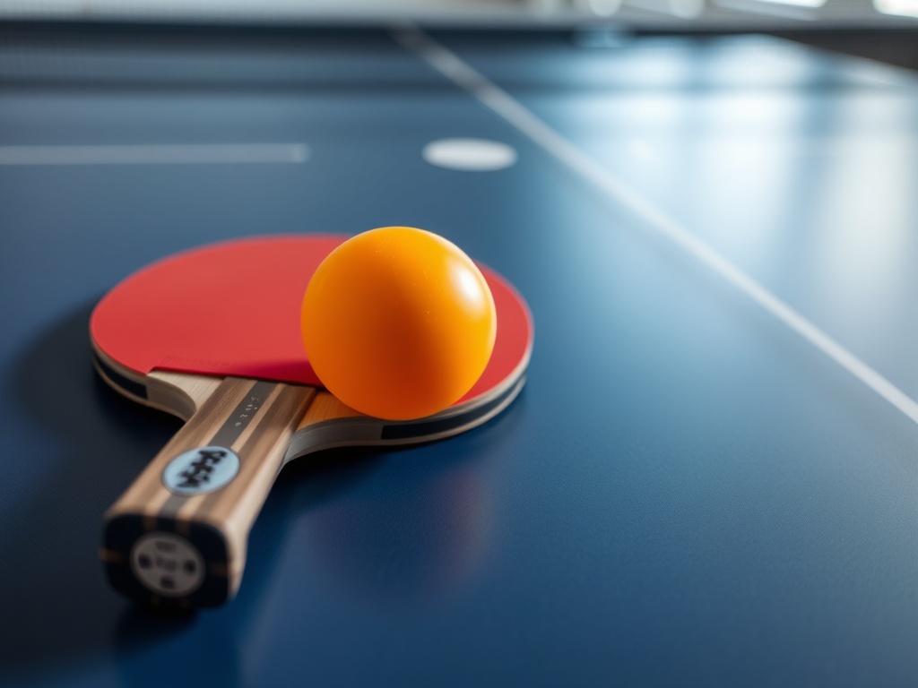 탁구대 위에 놓인 탁구 라켓과 공의 정물 사진