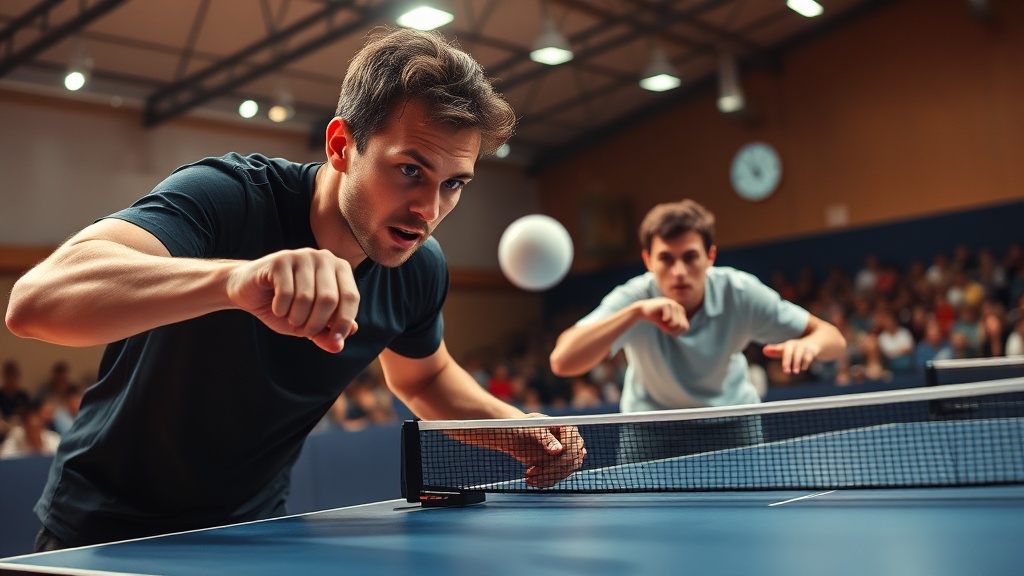 실내 탁구 경기장에서 두 선수가 경기를 진행하는 전경 사진