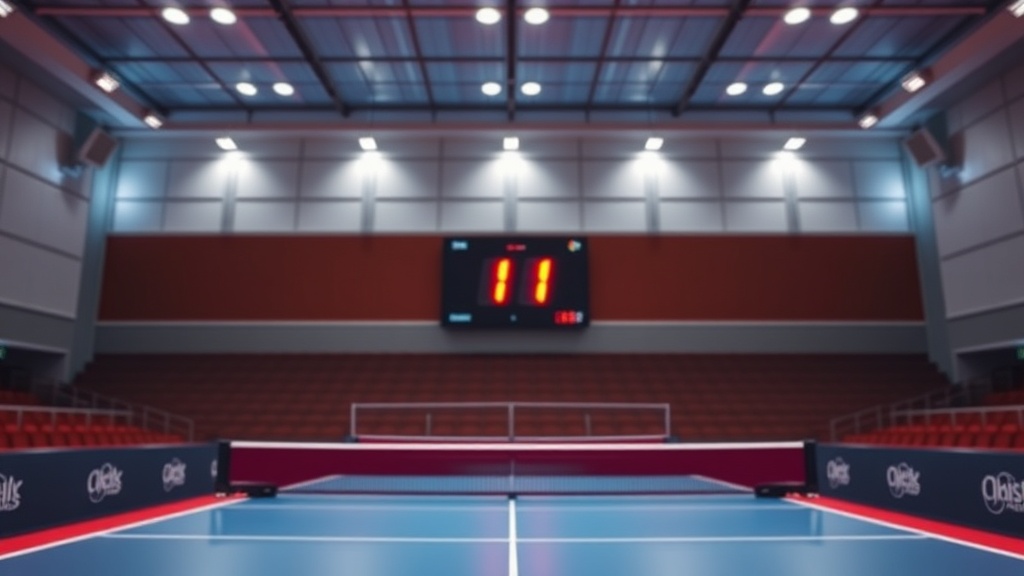 전광판 점수판에 11점 득점이 표시되어 있는 탁구 경기장 장면