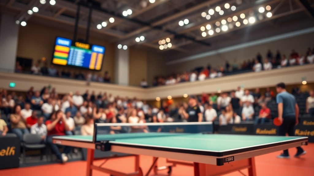 탁구 경기장의 점수판과 탁구대가 보이는 실내 경기장 모습