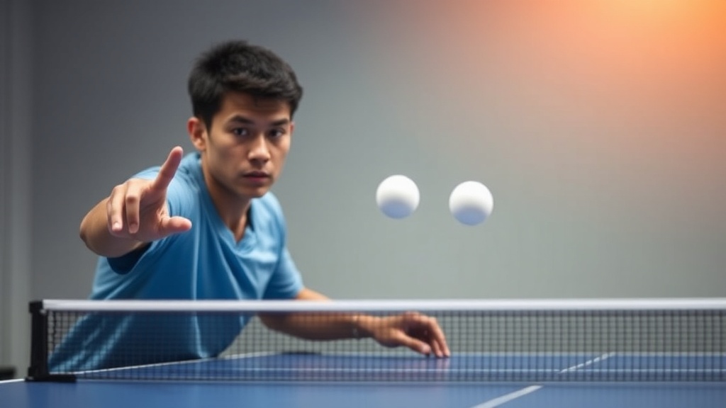 탁구 선수가 공을 위로 던지며 서브를 준비하는 동작 장면